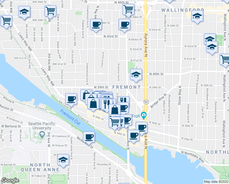 map of restaurants, bars, coffee shops, grocery stores, and more near 3658 Dayton Avenue North in Seattle