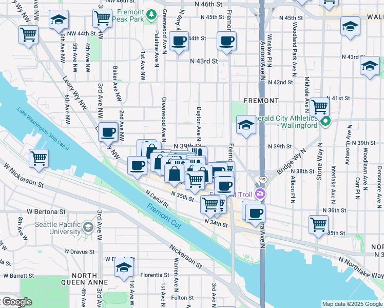 map of restaurants, bars, coffee shops, grocery stores, and more near 3651a Francis Avenue North in Seattle