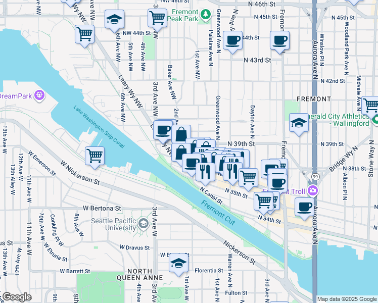 map of restaurants, bars, coffee shops, grocery stores, and more near 3617 1st Avenue Northwest in Seattle