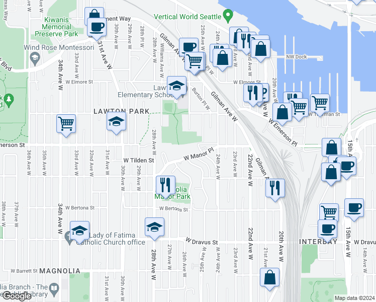 map of restaurants, bars, coffee shops, grocery stores, and more near 2500 West Manor Place in Seattle
