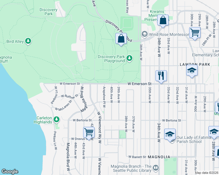 map of restaurants, bars, coffee shops, grocery stores, and more near 3642 40th Avenue West in Seattle
