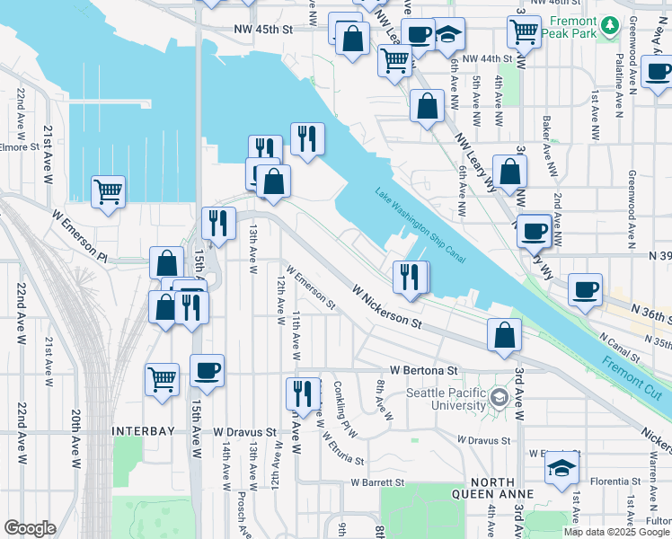 map of restaurants, bars, coffee shops, grocery stores, and more near 866 1/2 West Nickerson Street in Seattle
