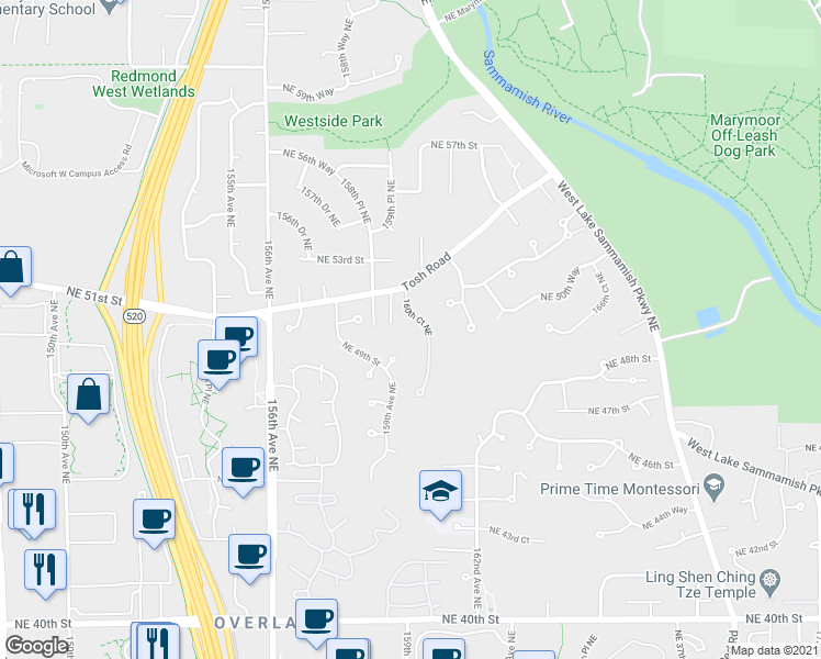 map of restaurants, bars, coffee shops, grocery stores, and more near 15925 Northeast 51st Street in Redmond