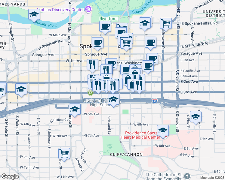 map of restaurants, bars, coffee shops, grocery stores, and more near 508 West 3rd Avenue in Spokane