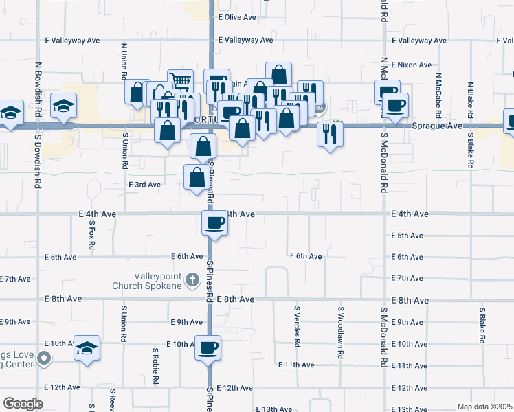 map of restaurants, bars, coffee shops, grocery stores, and more near 12503 East 4th Avenue in Spokane Valley