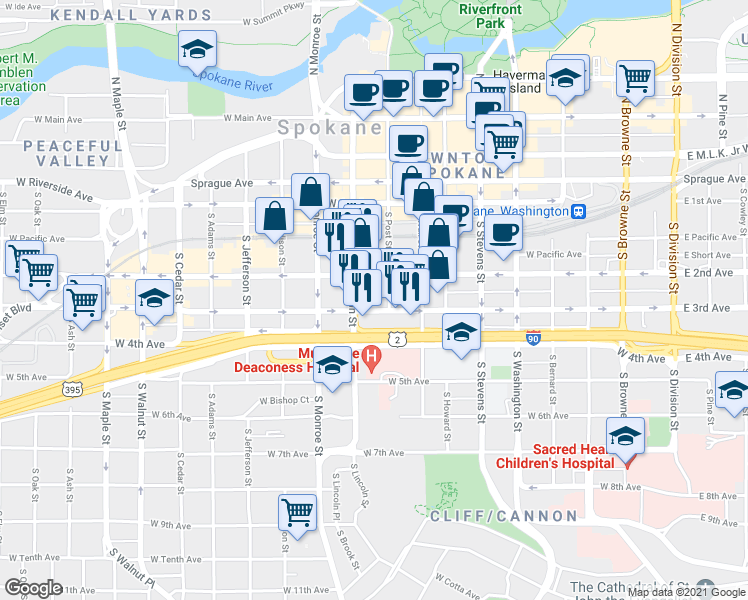 map of restaurants, bars, coffee shops, grocery stores, and more near 810 Interstate 90 Business Loop in Spokane