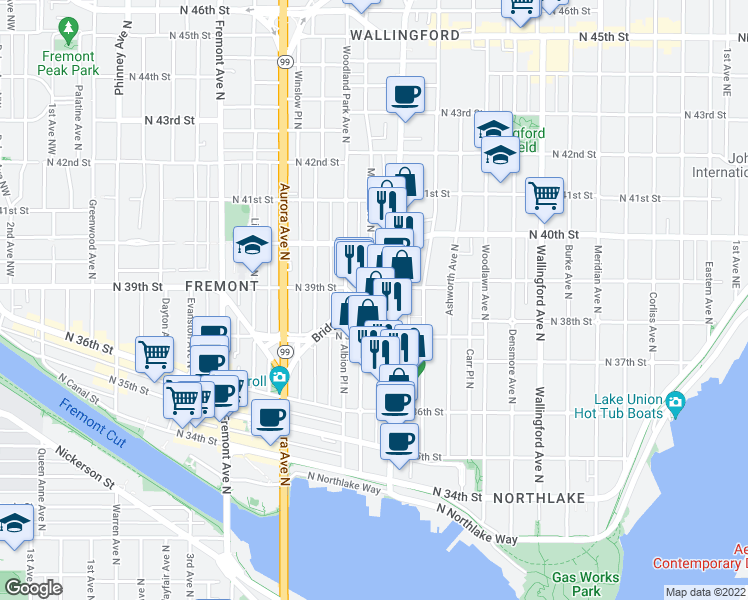 map of restaurants, bars, coffee shops, grocery stores, and more near 3876 Bridge Way North in Seattle