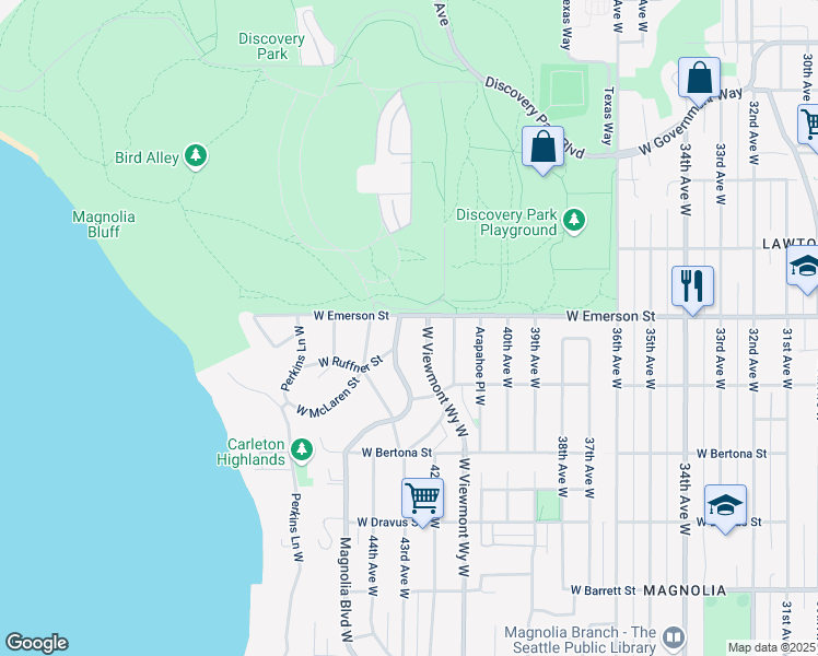 map of restaurants, bars, coffee shops, grocery stores, and more near 3718 Magnolia Boulevard West in Seattle