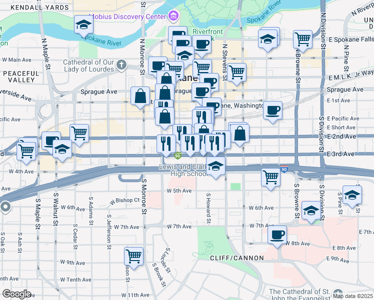 map of restaurants, bars, coffee shops, grocery stores, and more near 722 West 3rd Avenue in Spokane