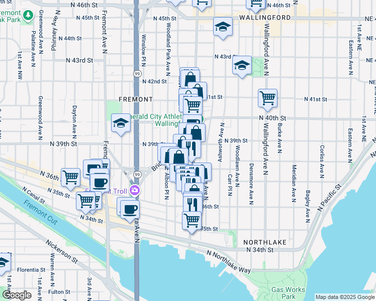 map of restaurants, bars, coffee shops, grocery stores, and more near 3833 Stone Way North in Seattle
