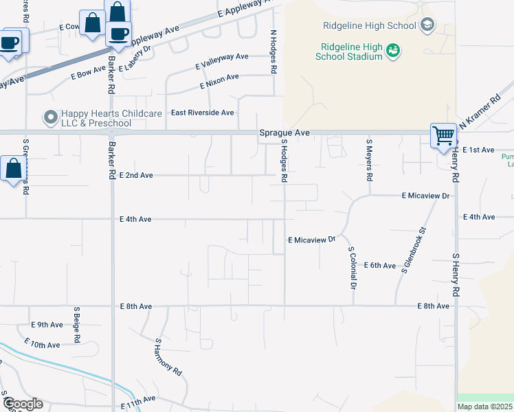 map of restaurants, bars, coffee shops, grocery stores, and more near 19403 East 4th Avenue in Spokane Valley