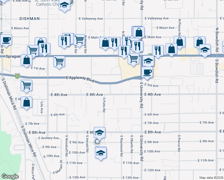map of restaurants, bars, coffee shops, grocery stores, and more near 329 South Bolivar Road in Spokane Valley
