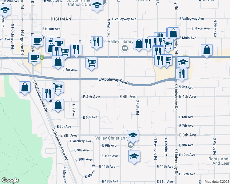 map of restaurants, bars, coffee shops, grocery stores, and more near 10017 East 4th Avenue in Spokane Valley