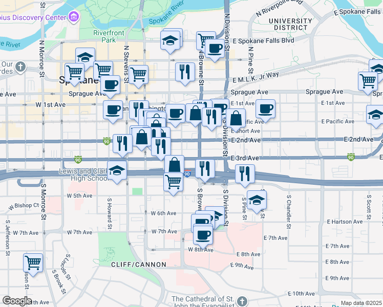 map of restaurants, bars, coffee shops, grocery stores, and more near 111 Interstate 90 Business Loop in Spokane