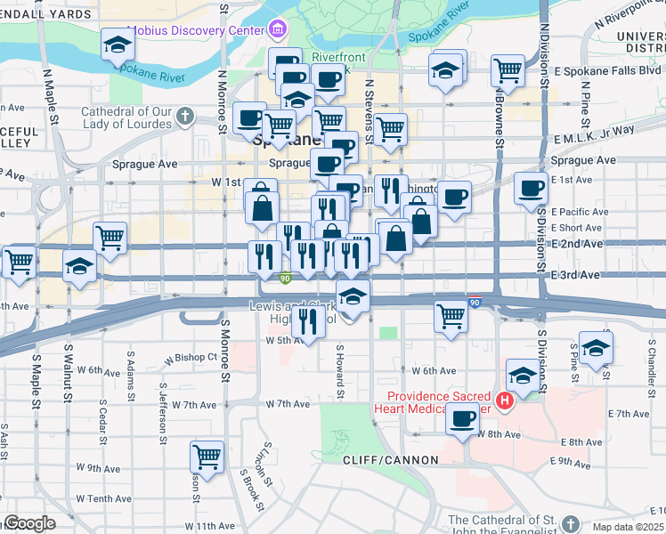 map of restaurants, bars, coffee shops, grocery stores, and more near 230 South Howard Street in Spokane