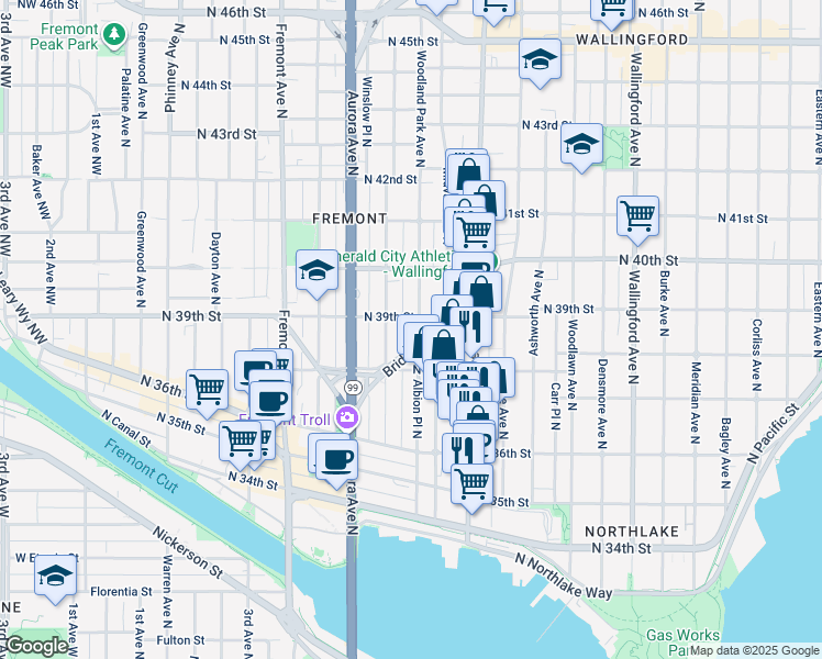 map of restaurants, bars, coffee shops, grocery stores, and more near 3860 Bridge Way North in Seattle