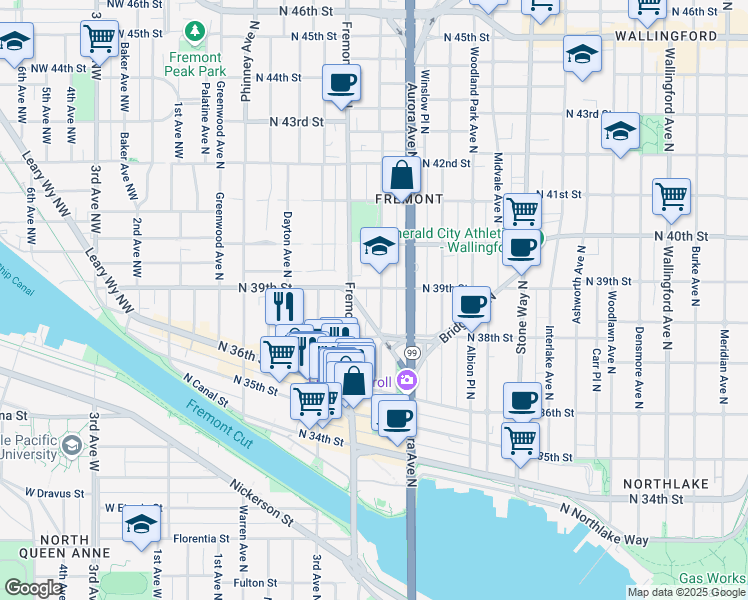 map of restaurants, bars, coffee shops, grocery stores, and more near 3829 Linden Avenue North in Seattle