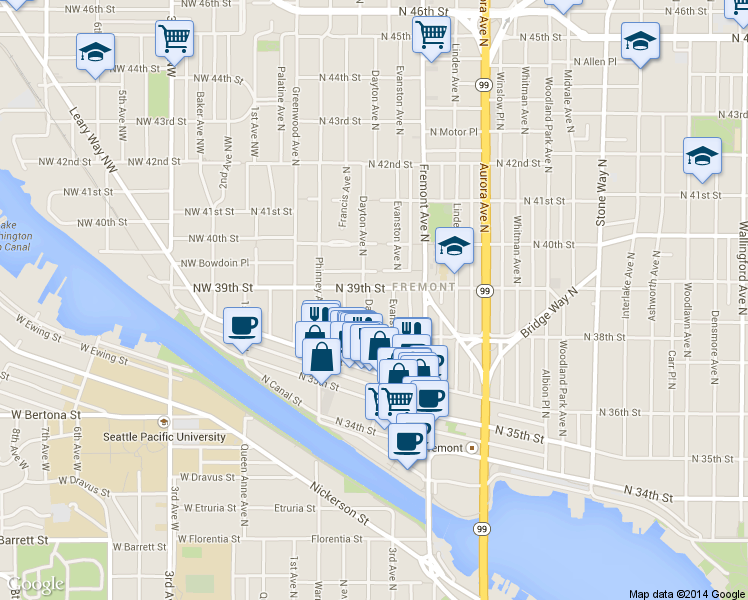 map of restaurants, bars, coffee shops, grocery stores, and more near 3658 Dayton Avenue North in Seattle