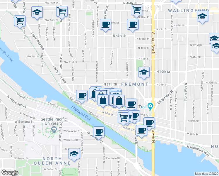 map of restaurants, bars, coffee shops, grocery stores, and more near 3651 Francis Avenue North in Seattle