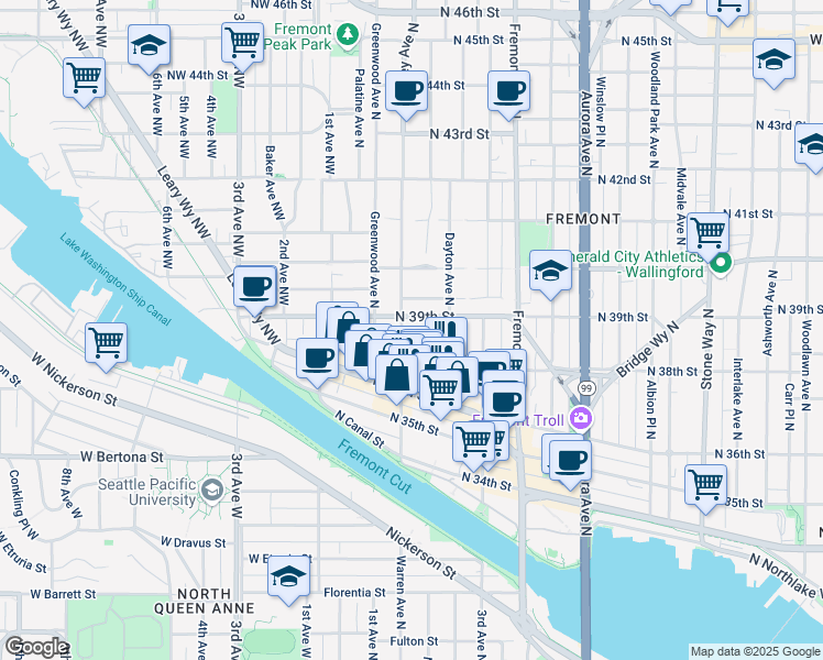 map of restaurants, bars, coffee shops, grocery stores, and more near 3651a Francis Avenue North in Seattle