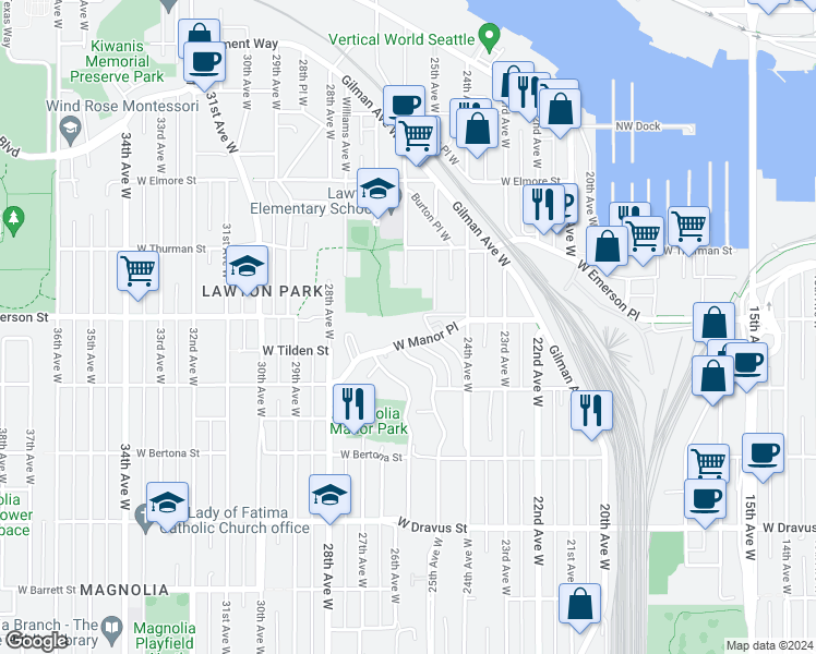 map of restaurants, bars, coffee shops, grocery stores, and more near 2500 West Manor Place in Seattle