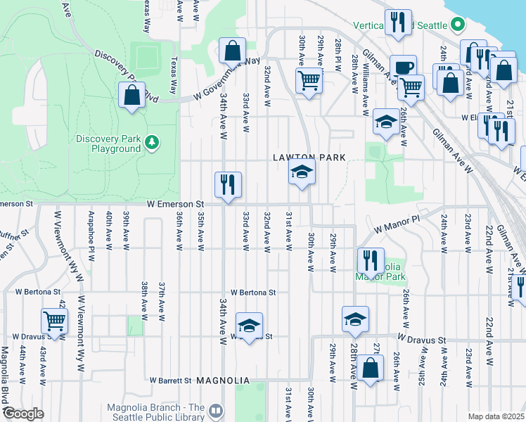 map of restaurants, bars, coffee shops, grocery stores, and more near 3641 32nd Avenue West in Seattle