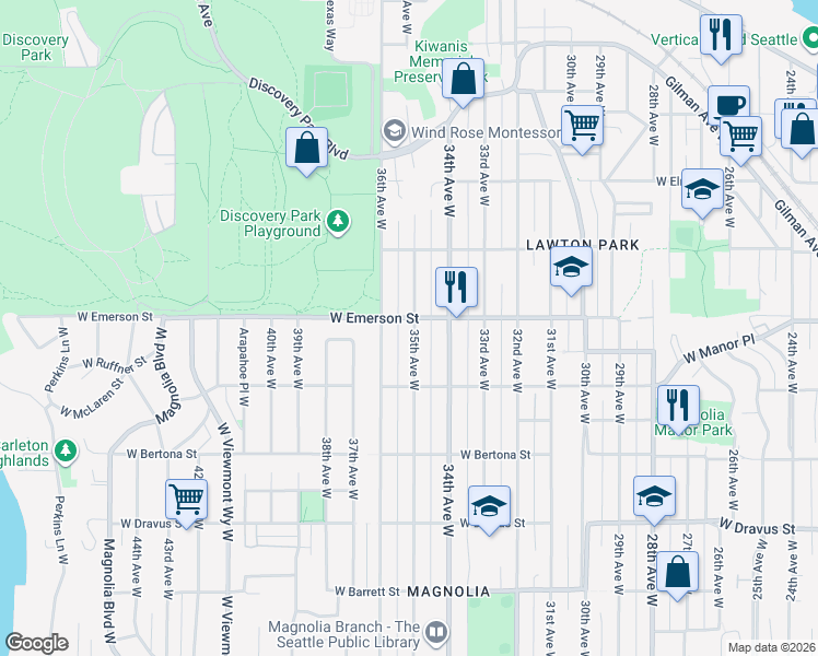 map of restaurants, bars, coffee shops, grocery stores, and more near 3644 36th Avenue West in Seattle