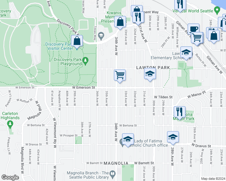 map of restaurants, bars, coffee shops, grocery stores, and more near 3651 34th Avenue West in Seattle