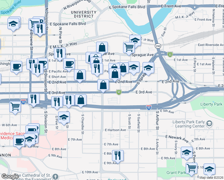 map of restaurants, bars, coffee shops, grocery stores, and more near 601 East 3rd Avenue in Spokane