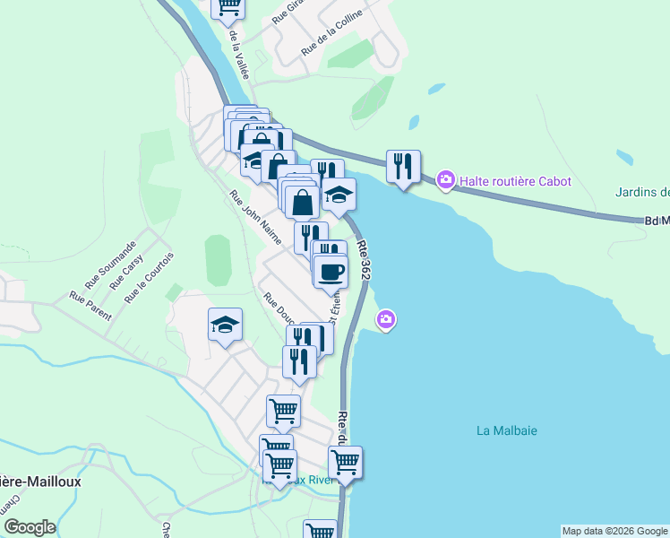 map of restaurants, bars, coffee shops, grocery stores, and more near 380 Rue Saint Étienne in La Malbaie