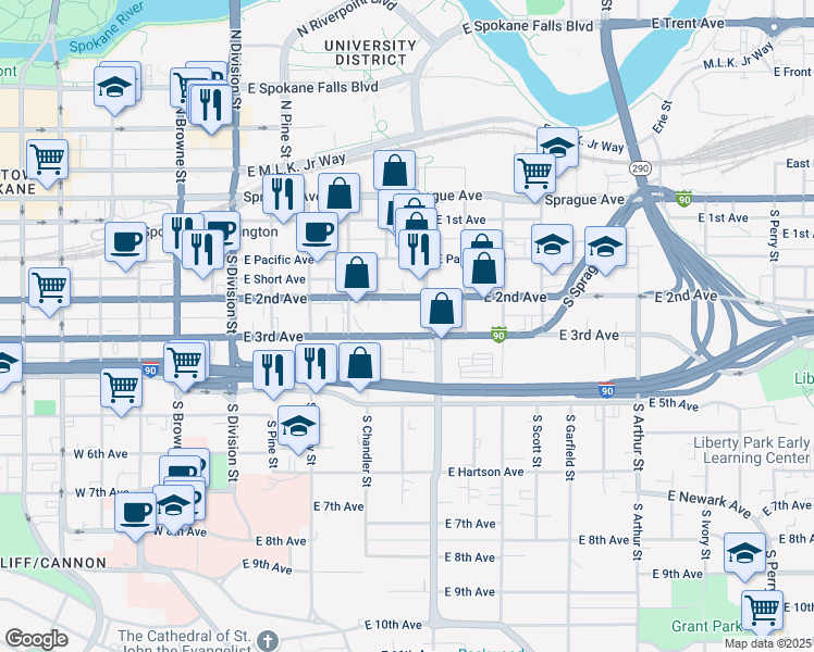 map of restaurants, bars, coffee shops, grocery stores, and more near 376 East 3rd Avenue in Spokane