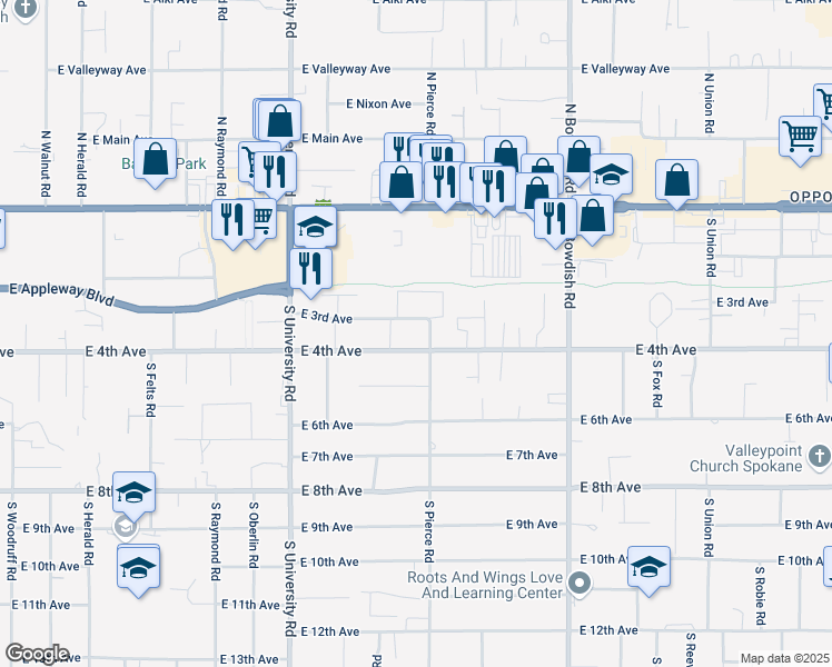 map of restaurants, bars, coffee shops, grocery stores, and more near 11011 East 4th Avenue in Spokane Valley