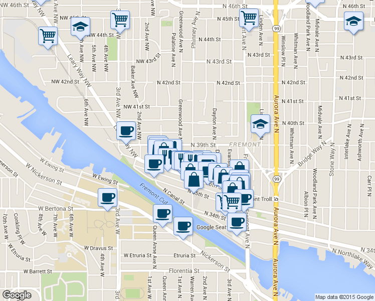 map of restaurants, bars, coffee shops, grocery stores, and more near 3661 Phinney Avenue North in Seattle
