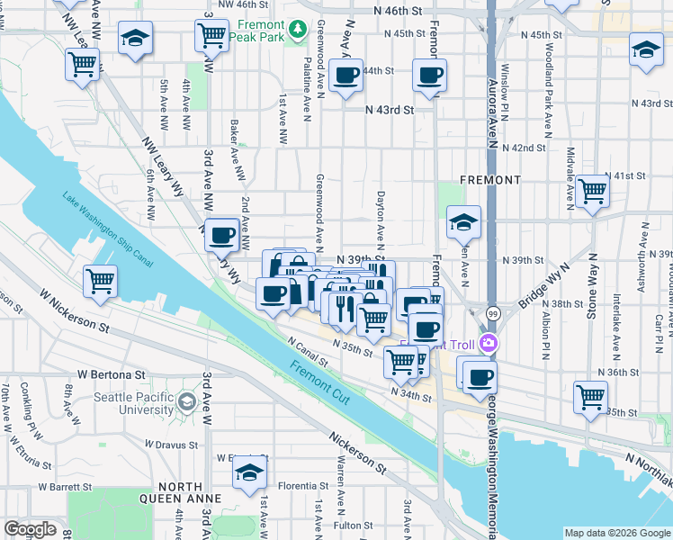 map of restaurants, bars, coffee shops, grocery stores, and more near 3661 Phinney Avenue North in Seattle