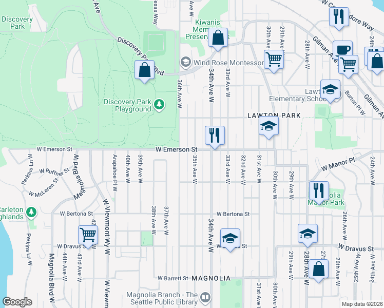 map of restaurants, bars, coffee shops, grocery stores, and more near 3644 36th Avenue West in Seattle