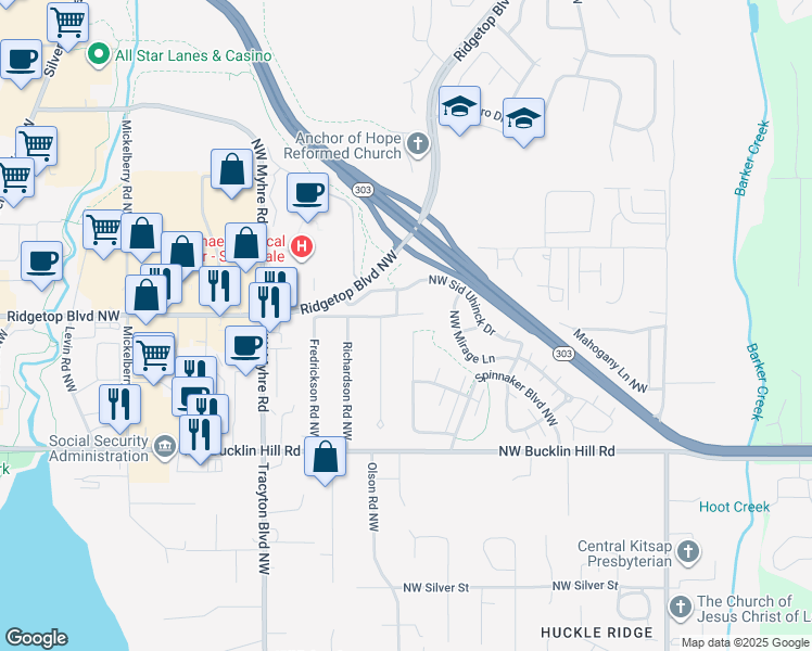 map of restaurants, bars, coffee shops, grocery stores, and more near 9701 Clipper Place Northwest in Silverdale