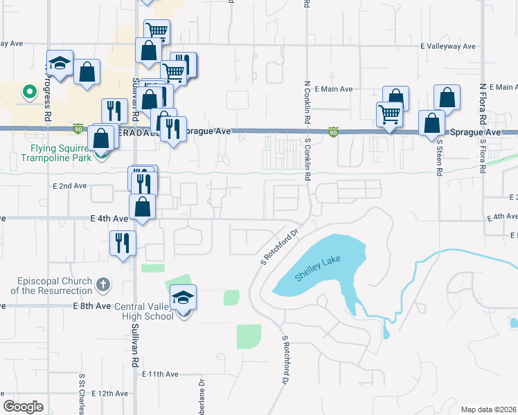 map of restaurants, bars, coffee shops, grocery stores, and more near 16025 East 4th Avenue in Spokane Valley