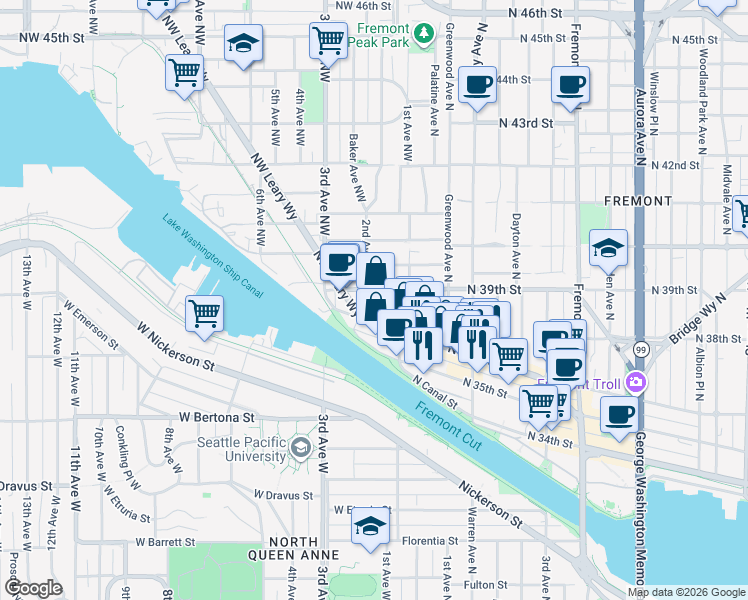 map of restaurants, bars, coffee shops, grocery stores, and more near 3618 2nd Avenue Northwest in Seattle