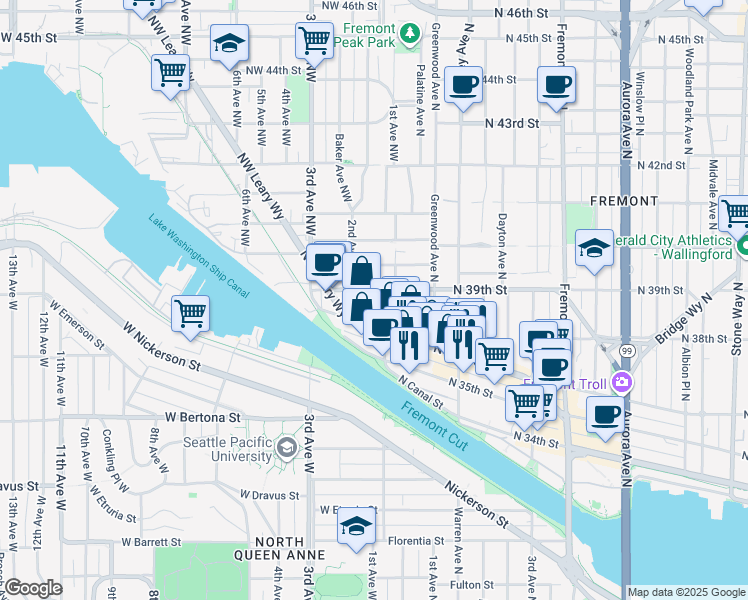 map of restaurants, bars, coffee shops, grocery stores, and more near 3617 1st Avenue Northwest in Seattle