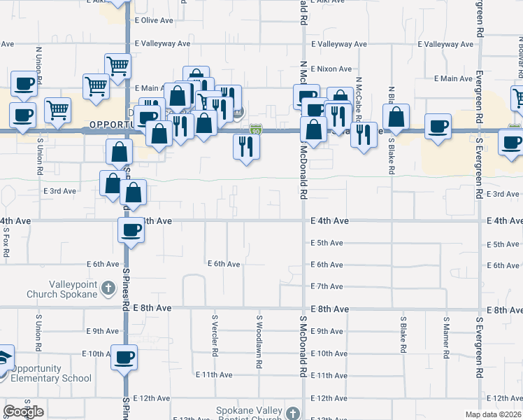 map of restaurants, bars, coffee shops, grocery stores, and more near 12915 East 4th Avenue in Spokane Valley