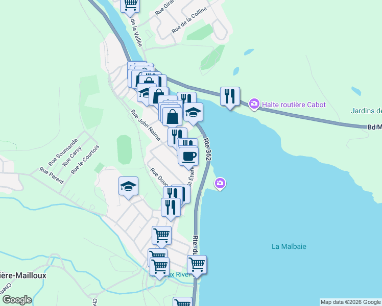 map of restaurants, bars, coffee shops, grocery stores, and more near 380 Rue Saint Étienne in La Malbaie