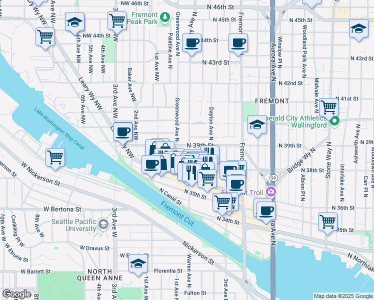 map of restaurants, bars, coffee shops, grocery stores, and more near 3661 Phinney Avenue North in Seattle