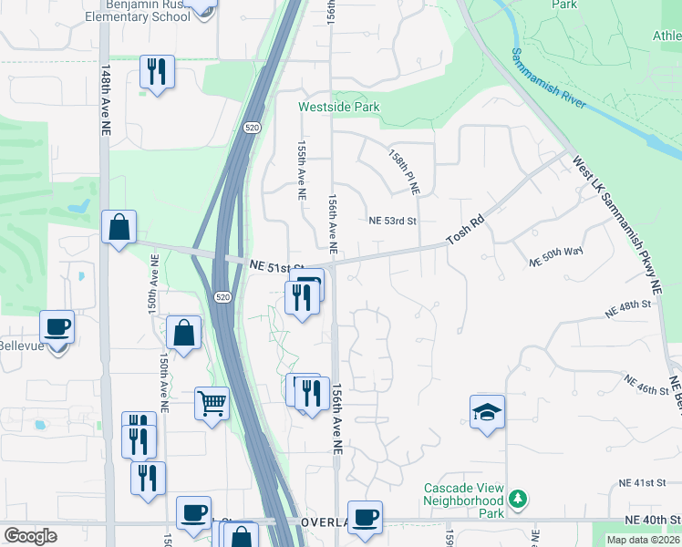 map of restaurants, bars, coffee shops, grocery stores, and more near 5014 157th Court Northeast in Redmond