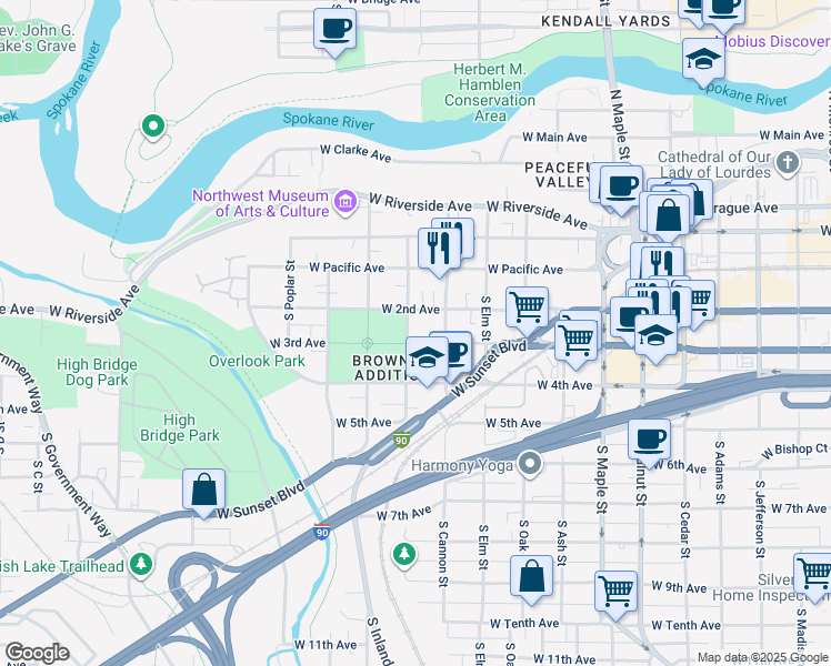 map of restaurants, bars, coffee shops, grocery stores, and more near 215 South Chestnut Street in Spokane