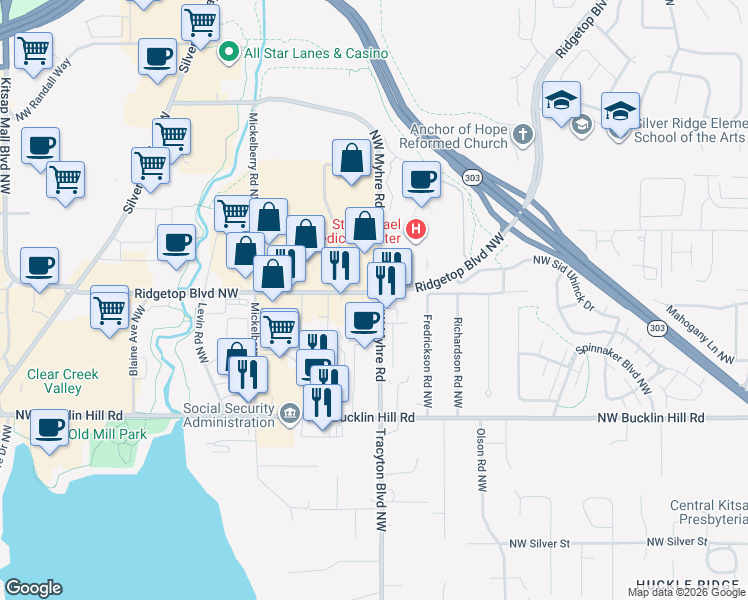 map of restaurants, bars, coffee shops, grocery stores, and more near 2041 Northwest Myhre Road in Silverdale