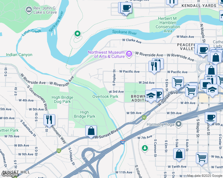 map of restaurants, bars, coffee shops, grocery stores, and more near 2406 West 3rd Avenue in Spokane