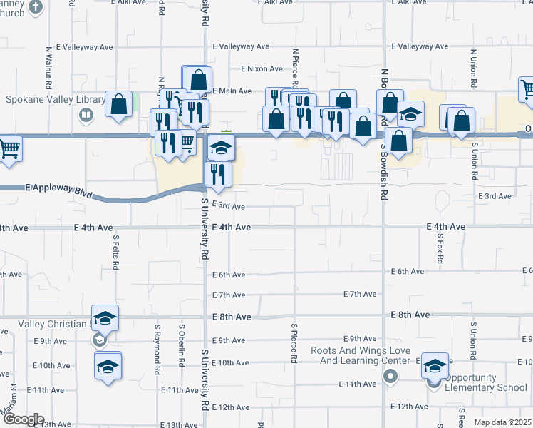 map of restaurants, bars, coffee shops, grocery stores, and more near 11011 East 4th Avenue in Spokane Valley