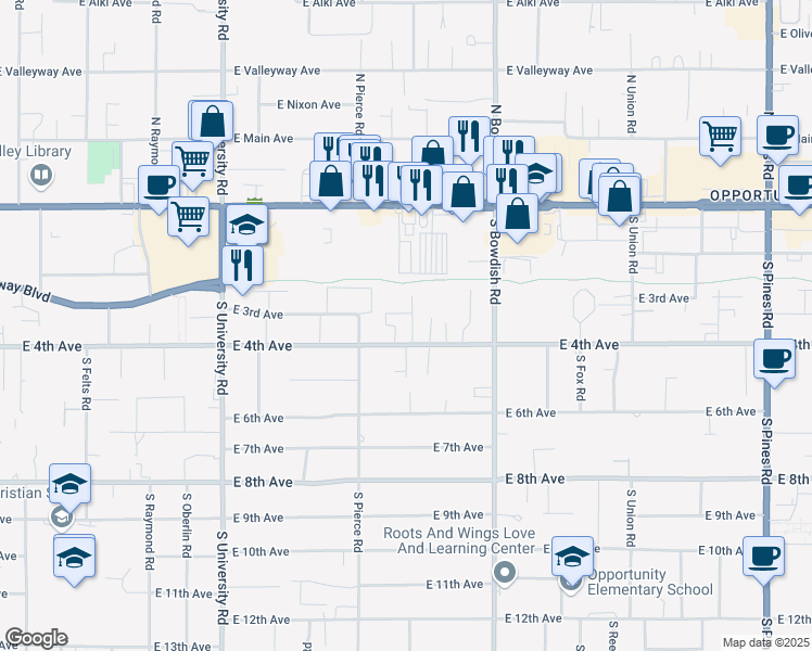 map of restaurants, bars, coffee shops, grocery stores, and more near 304 South Skipworth Road in Spokane Valley