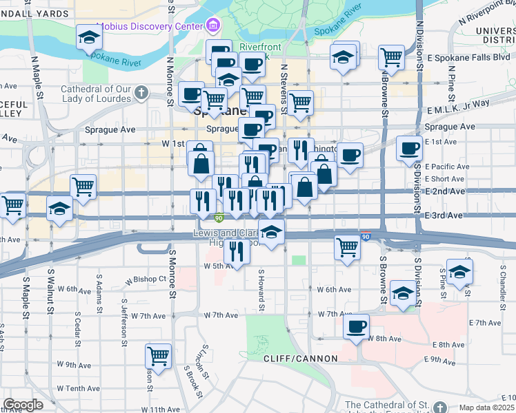 map of restaurants, bars, coffee shops, grocery stores, and more near 230 South Howard Street in Spokane