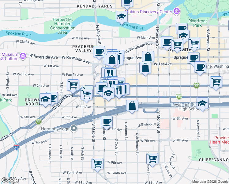 map of restaurants, bars, coffee shops, grocery stores, and more near 1322 Interstate 90 Business Loop in Spokane
